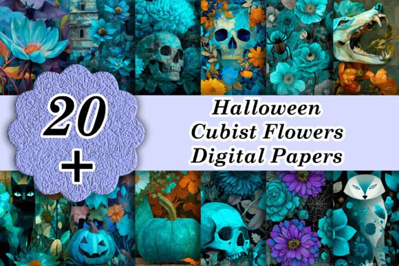 20 Turquoise Halloween Cubist Flowers: A Unique Design Resource for Creative Projects