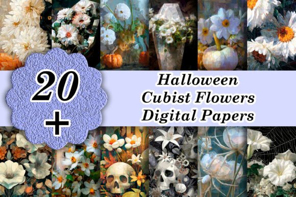 20 White Halloween Cubist Flowers Papers