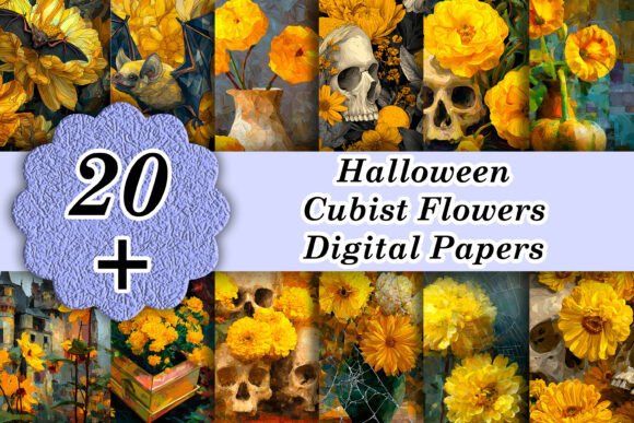 20 Yellow Halloween Cubist Flowers Paper
