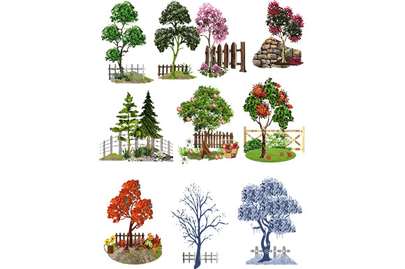A Set of 10 All Season Trees and Fence