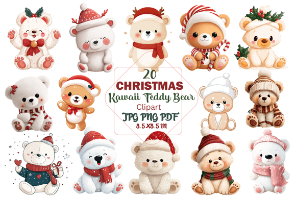 Christmas Kawaii Teddy Bear Clipart for Creative Projects