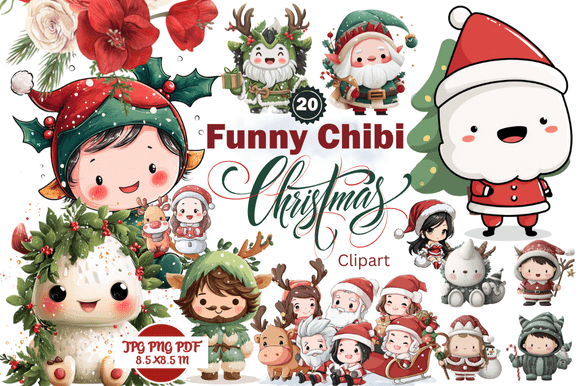 Funny Chibi Christmas Clipart: A Versatile Set for Holiday Design Projects